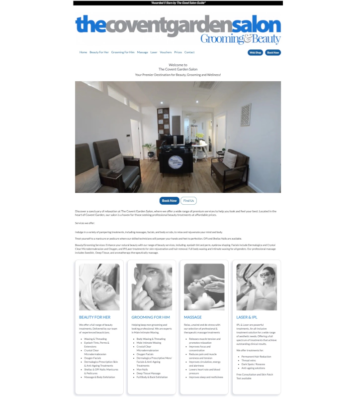 The Covent Garden Salon homepage on desktop